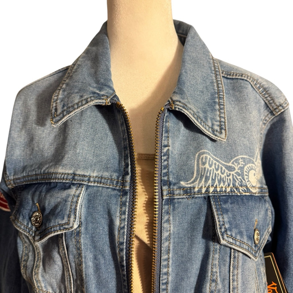 Size XL Von Dutch Blue Denim Jean Jacket with Red Logo XL Red Logo Patch Y2K - Picture 7 of 10